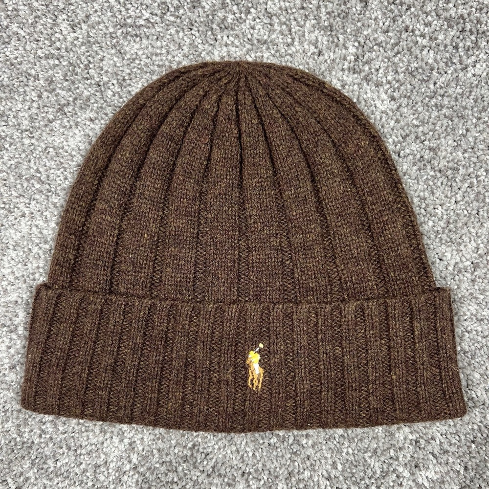 Polo Ralph Lauren Men's Brown Wool Blend Cuffed Knit Beanie Pony Hat "excellent"